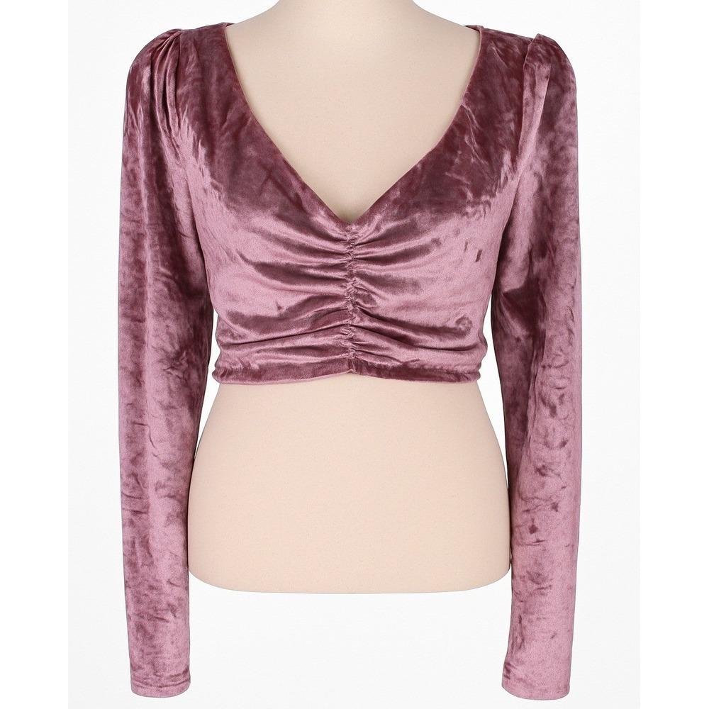 WAYF Velvet Ruched Crop Top Women's Small Mauve Pink Long Sleeve V-Neck NWT